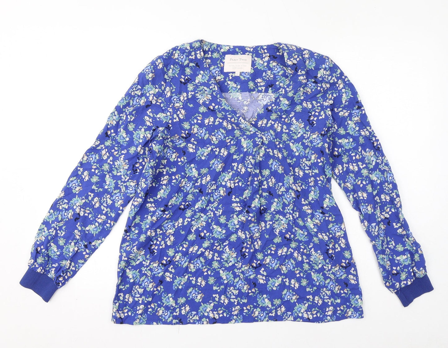 Part Two Womens Blue Floral Viscose Basic Blouse Size 4 V-Neck