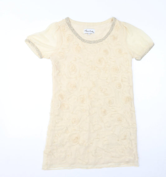 Jovanna London Womens Beige Silk Mini Size 10 Scoop Neck Pullover - Beaded Neckline