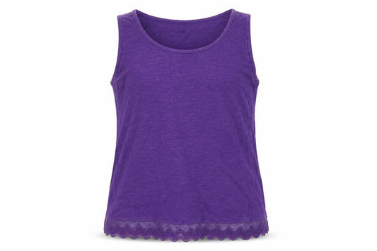 Front view of New Look girls’ purple cotton basic tank, size 12-13, years round neck pullover - lace trim