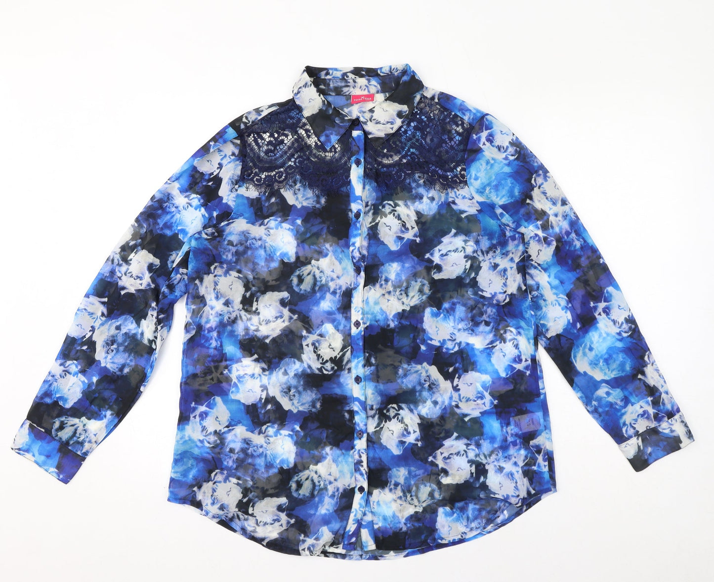 Together Womens Blue Geometric Polyester Basic Button-Up Size 12 Collared - Lace Detail Abstract