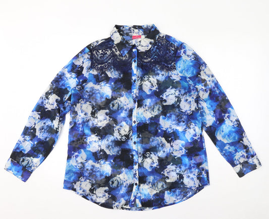 Together Womens Blue Geometric Polyester Basic Button-Up Size 12 Collared - Lace Detail Abstract