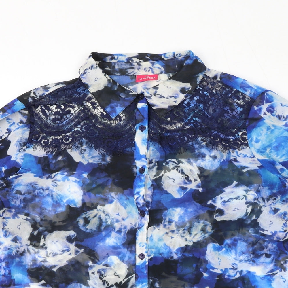 Together Womens Blue Geometric Polyester Basic Button-Up Size 12 Collared - Lace Detail Abstract