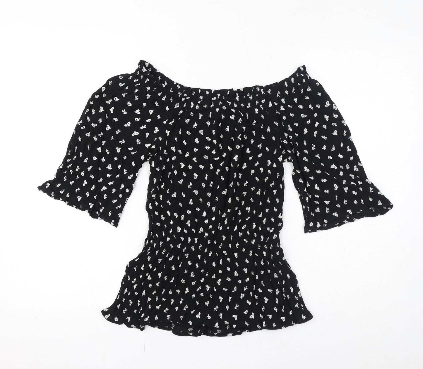 Marks and Spencer Womens Black Geometric Viscose Basic T-Shirt Size 8 Off the Shoulder