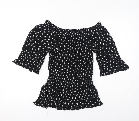 Marks and Spencer Womens Black Geometric Viscose Basic T-Shirt Size 8 Off the Shoulder