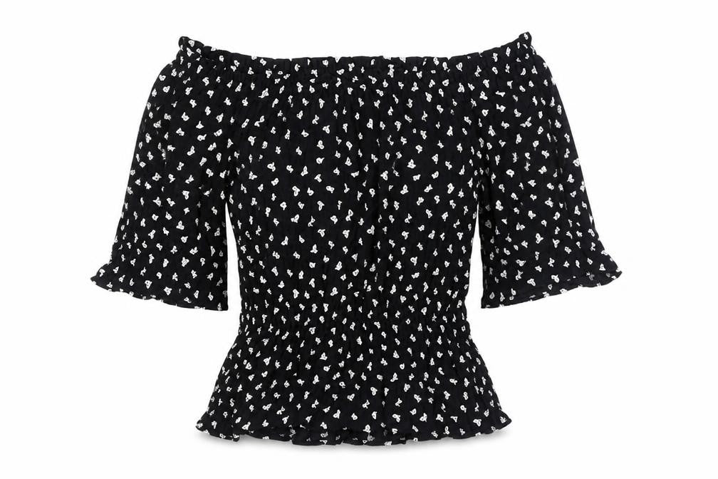 Marks & Spencer Womens Black Geometric Viscose Basic T-Shirt Size 8 Off the Shoulder