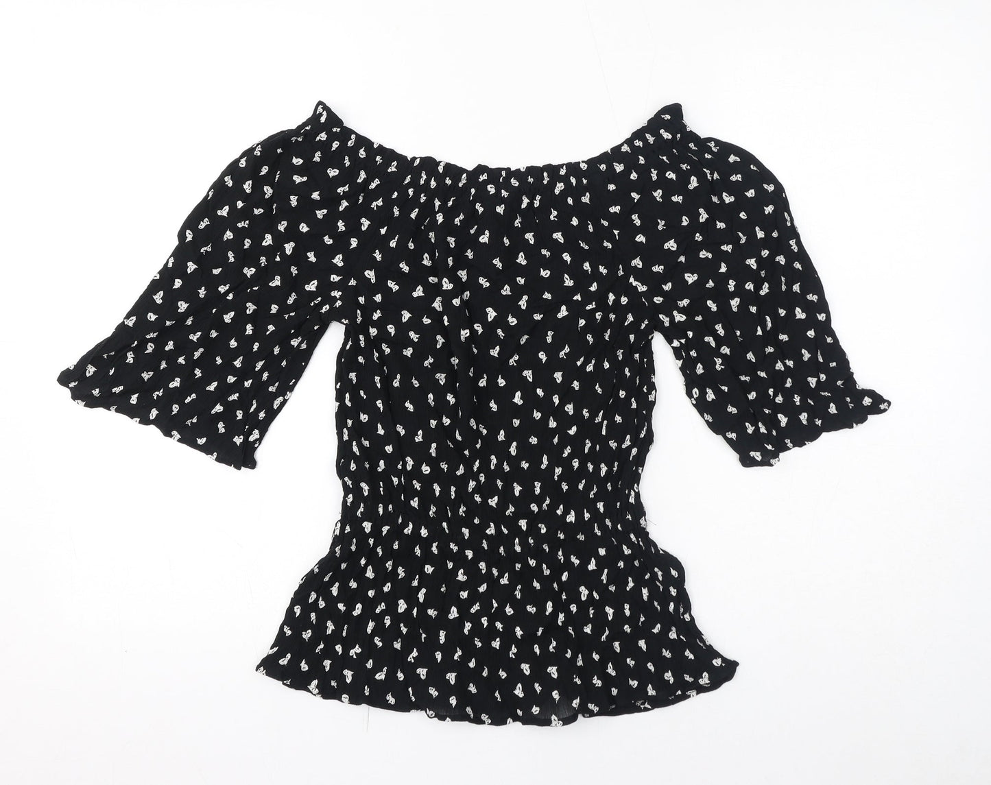 Marks and Spencer Womens Black Geometric Viscose Basic T-Shirt Size 8 Off the Shoulder