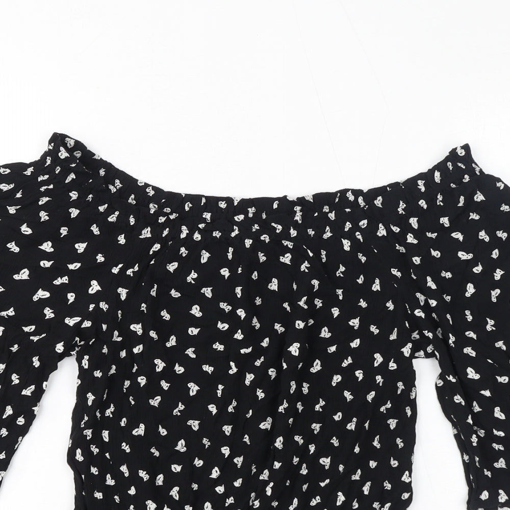 Marks and Spencer Womens Black Geometric Viscose Basic T-Shirt Size 8 Off the Shoulder