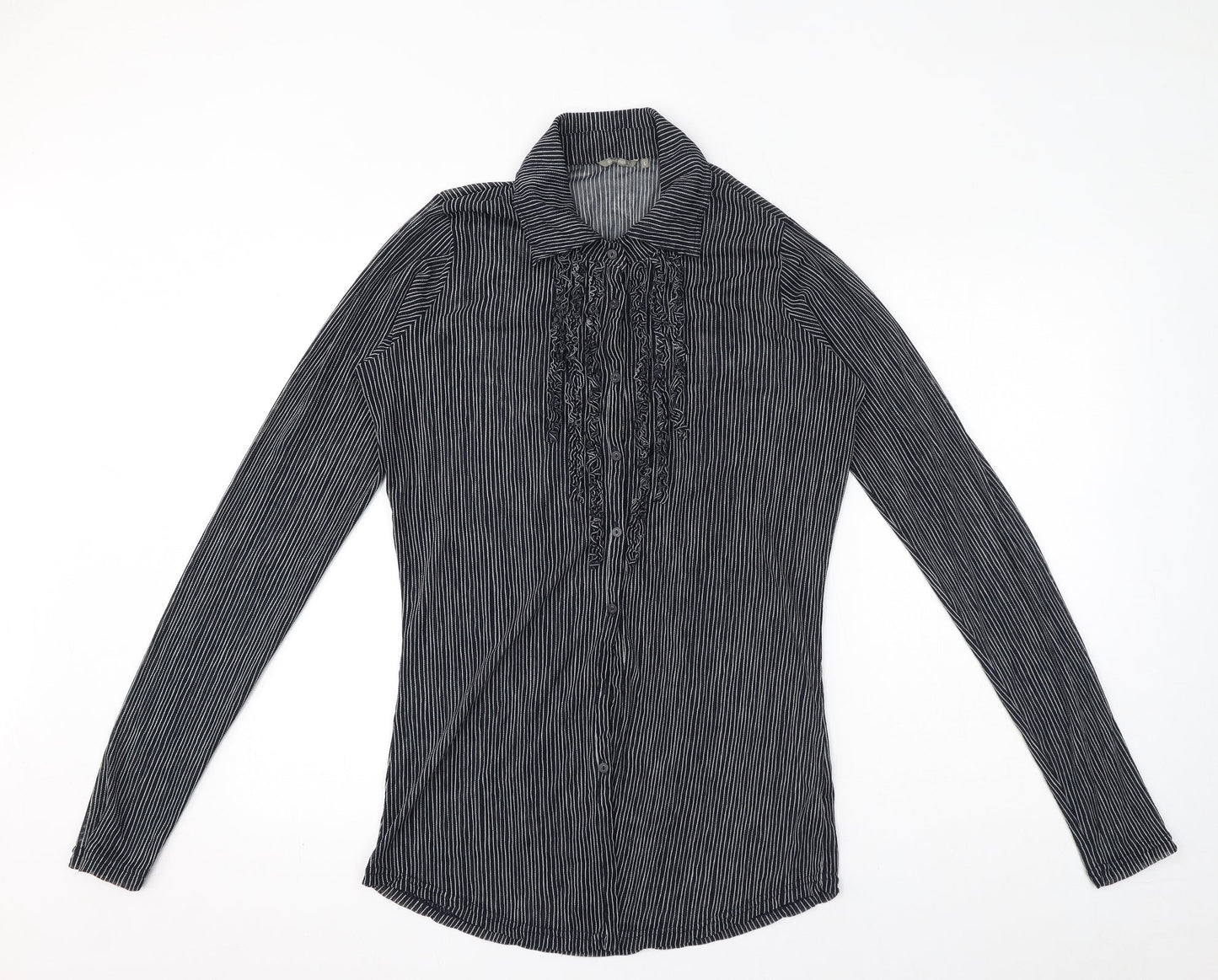 Sandwich Womens Blue Striped Polyester Basic Blouse Size L Collared - Ruffle Detail