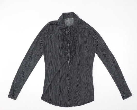 Sandwich Womens Blue Striped Polyester Basic Blouse Size L Collared - Ruffle Detail