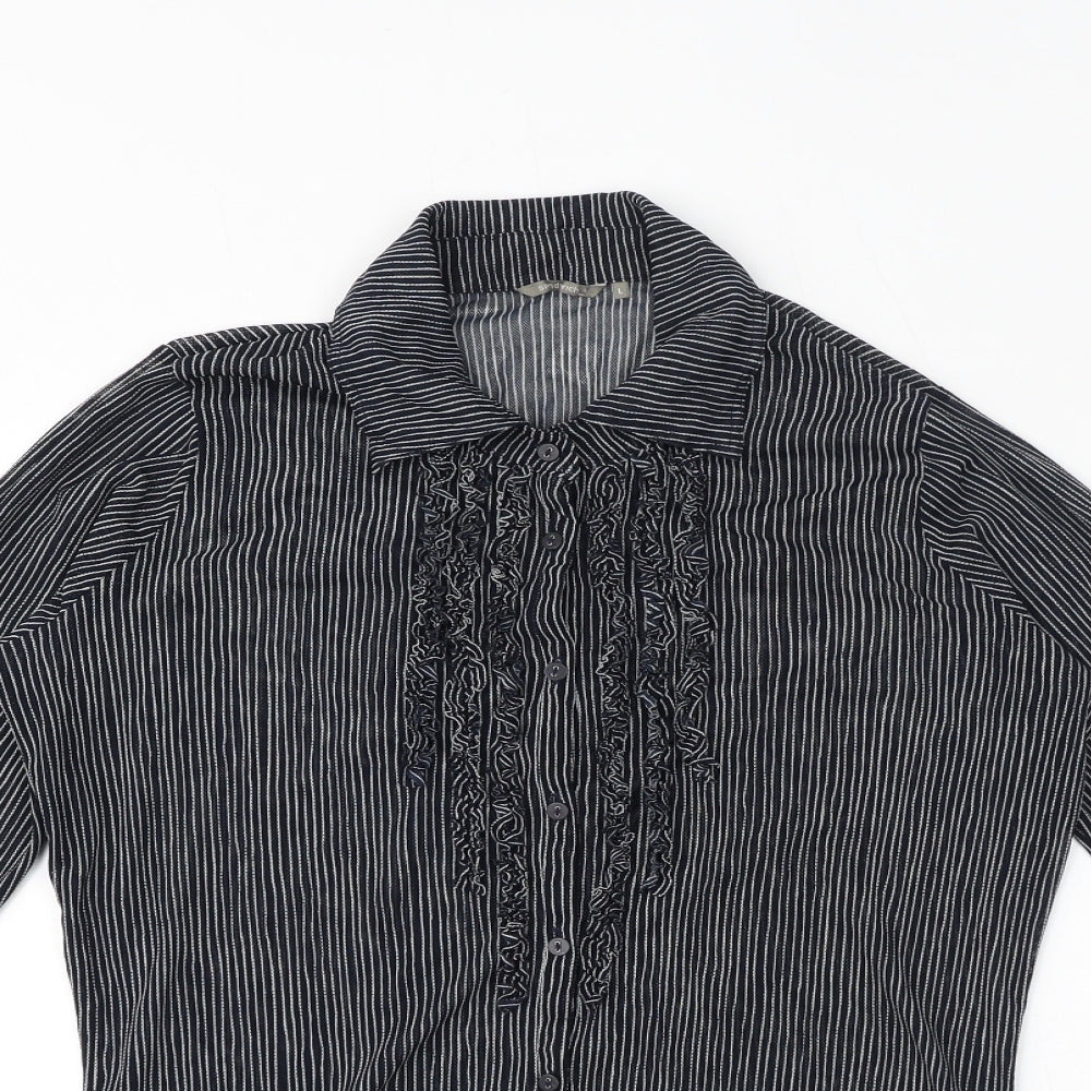 Sandwich Womens Blue Striped Polyester Basic Blouse Size L Collared - Ruffle Detail