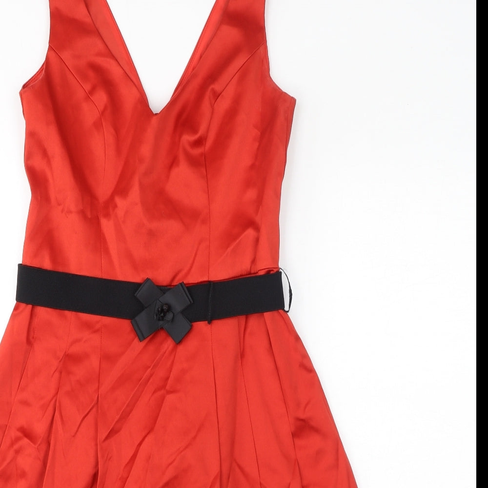 Debut Womens Red Cotton A-Line Size 8 V-Neck Zip - Belted