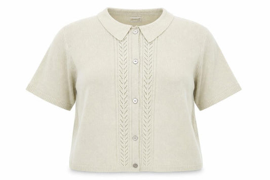 Front view of Roman women’s beige cowl neck acrylic cardigan jumper, size L, -, size L-xl