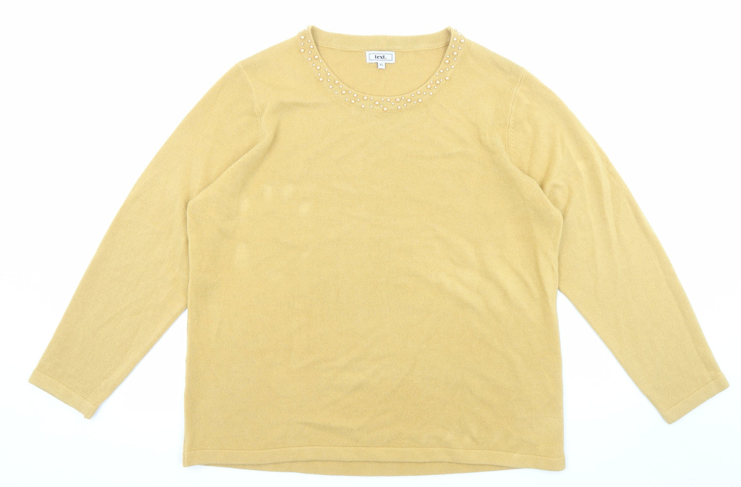Text Womens Yellow Boat Neck Acrylic Pullover Jumper Size XL - Embellished neckline