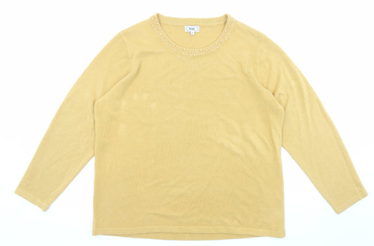 Text Womens Yellow Boat Neck Acrylic Pullover Jumper Size XL - Embellished neckline