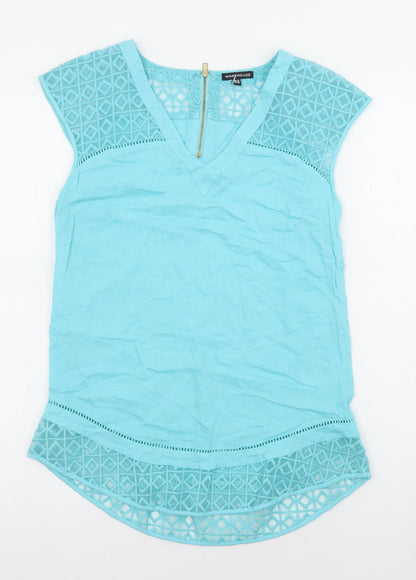 Warehouse Womens Blue Viscose Basic Blouse Size 10 V-Neck