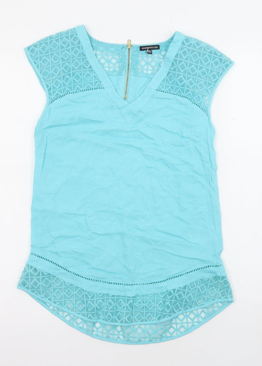 Warehouse Womens Blue Viscose Basic Blouse Size 10 V-Neck