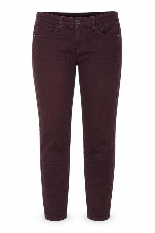 Front view of Denim & Co. women’s red cotton skinny jeans, size UK 12, 28-inch leg regular zip