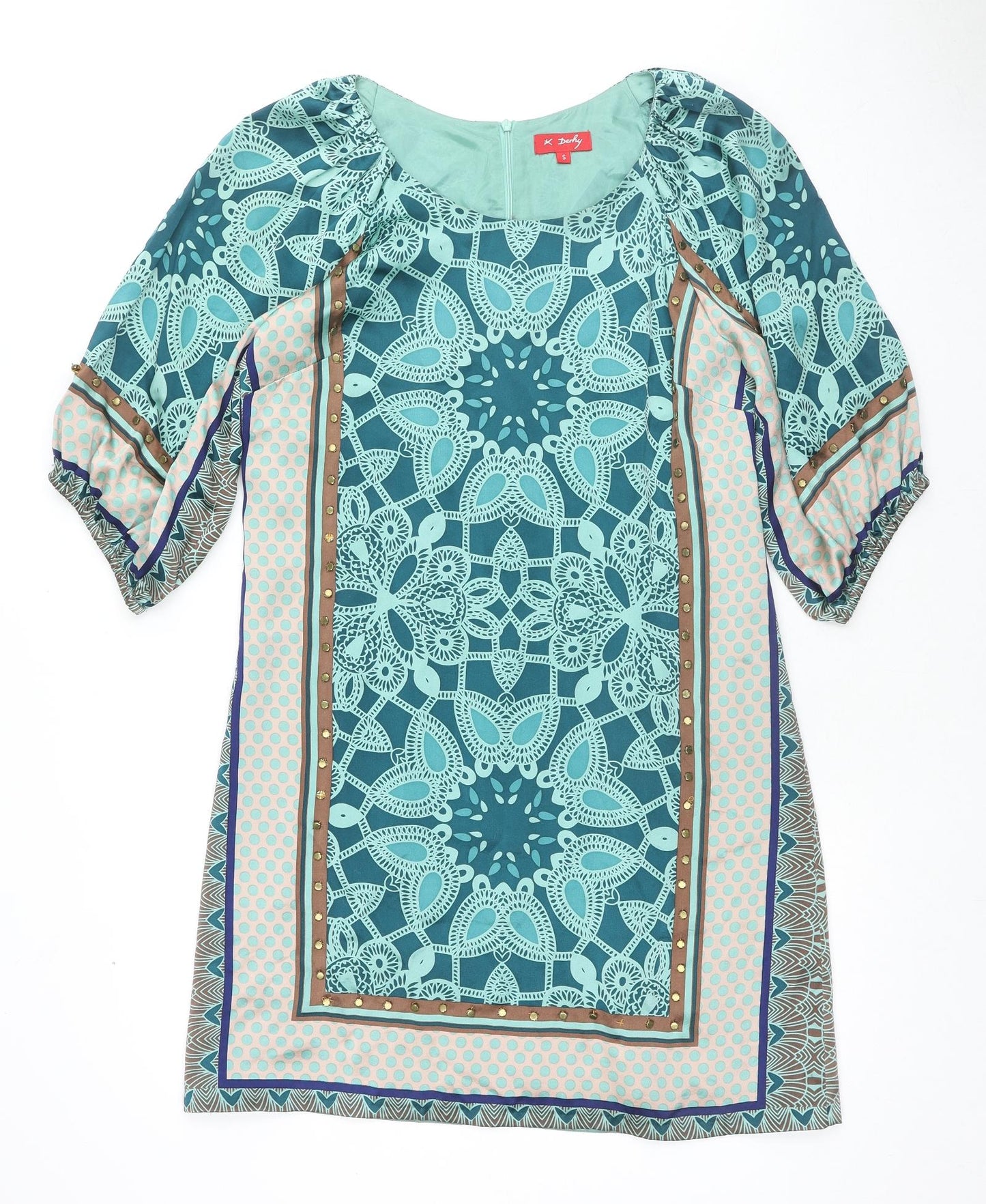 Derhy Womens Multicoloured Geometric Silk A-Line Size S Scoop Neck Zip - Studs