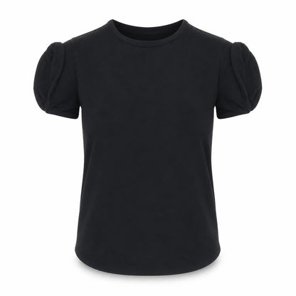 Front view of ASOS women’s black polyester basic t-shirt, size UK 10, round neck