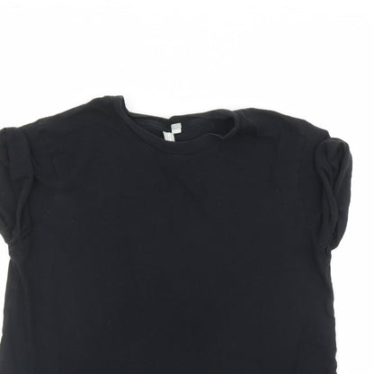 Close-up detail of ASOS women’s black polyester basic t-shirt, size UK 10, round neck
