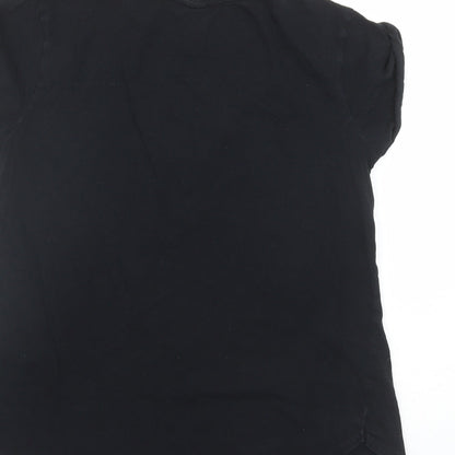 Brand and care label for ASOS women’s black polyester basic t-shirt, size UK 10, round neck