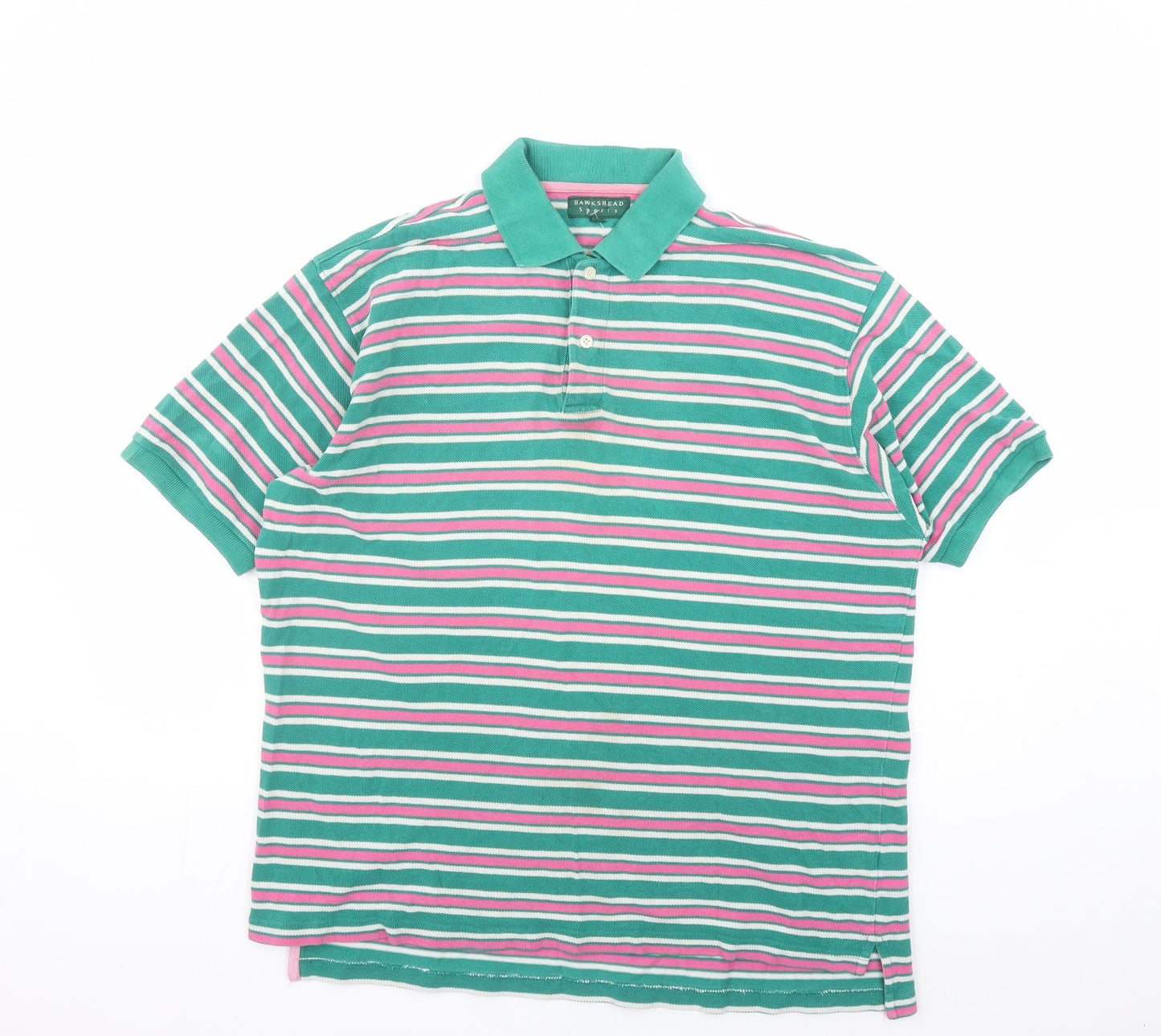 Hawkshead Mens Green Striped Polyester Polo Size S Collared Button