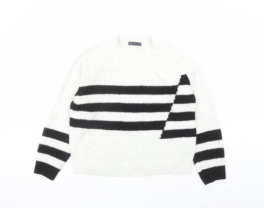 Marks and Spencer Womens Grey Round Neck Striped Acrylic Pullover Jumper Size M