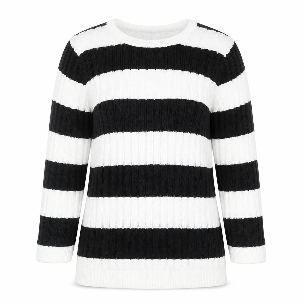 Jeanne Pierre Womens White Round Neck Striped Cotton Pullover Jumper Size M