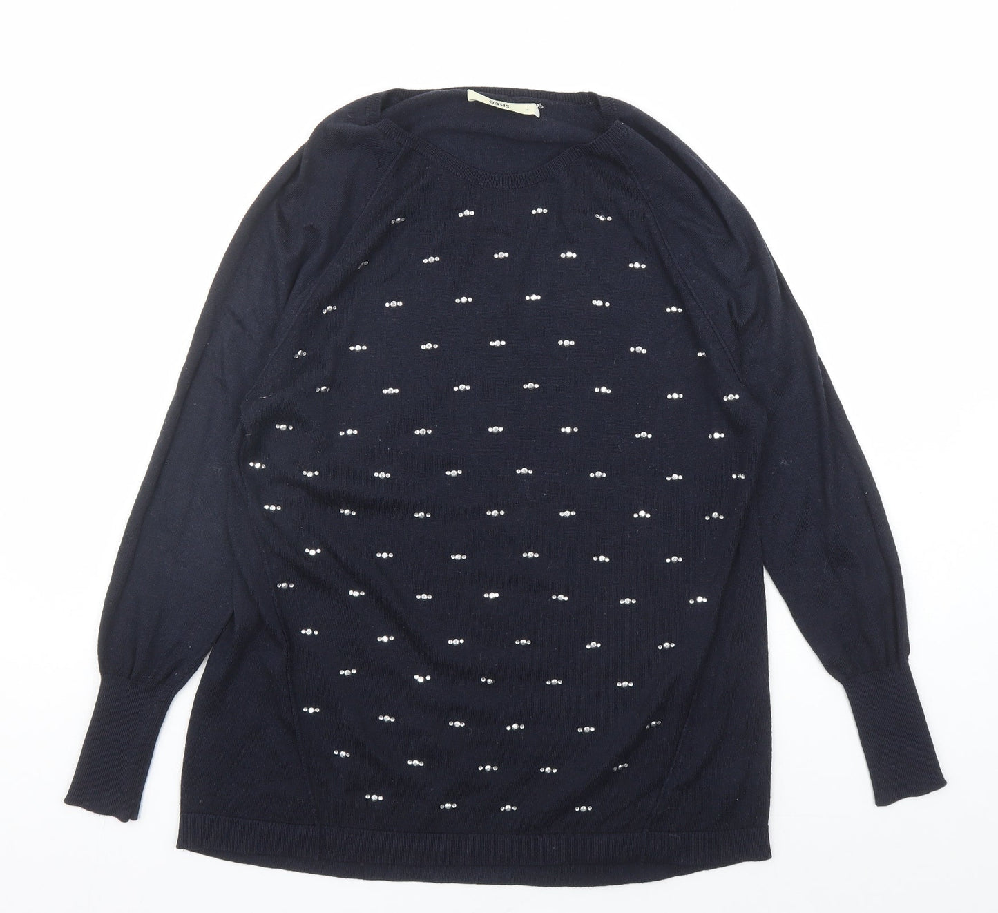 Oasis Womens Blue Round Neck Acrylic Pullover Jumper Size M - Rhinestone Detail