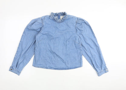 Additional front view of Denim & Co. women’s blue 100% cotton basic blouse, size UK 8, high neck