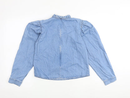 Back view of Denim & Co. women’s blue 100% cotton basic blouse, size UK 8, high neck