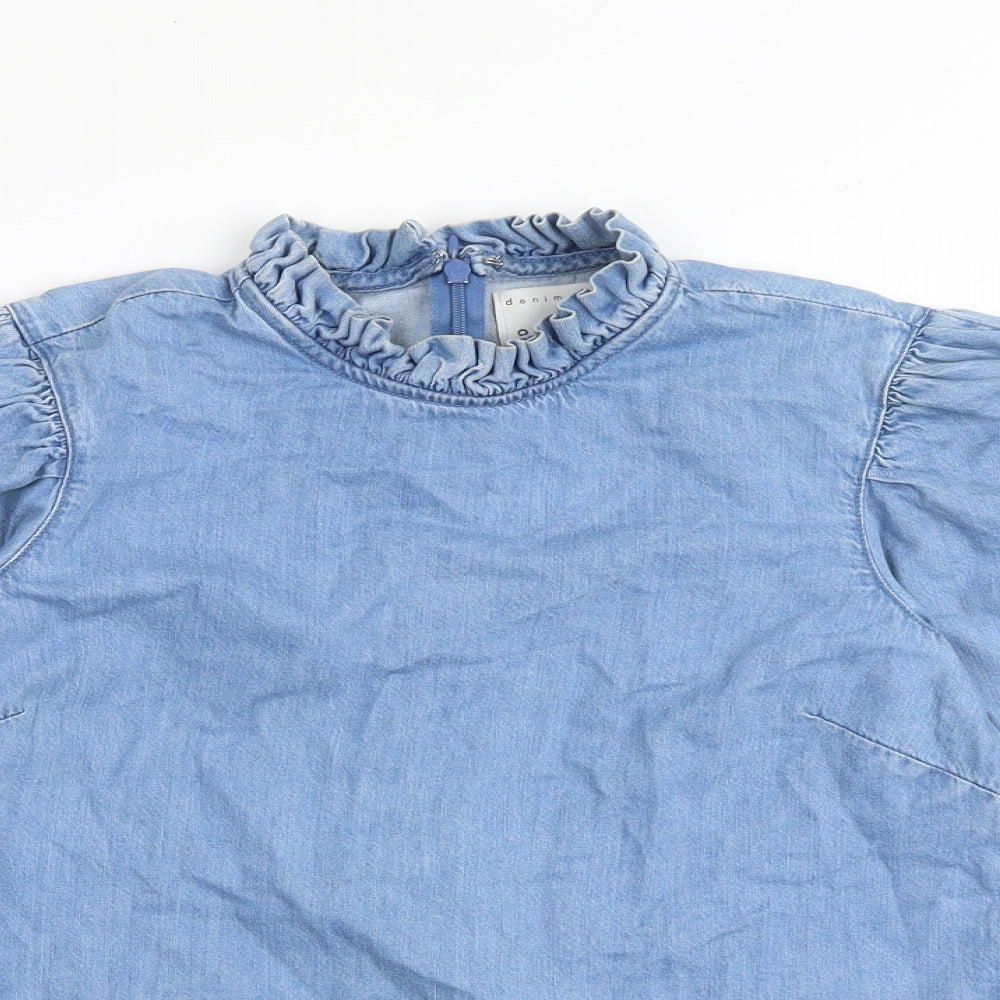 Denim & Co. Womens Blue 100% Cotton Basic Blouse Size 8 High Neck