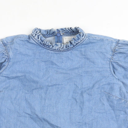 Close-up detail of Denim & Co. women’s blue 100% cotton basic blouse, size UK 8, high neck