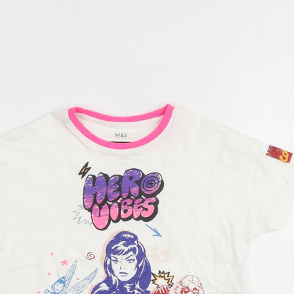 Close-up detail of Marks & Spencer girls’ white cotton basic t-shirt, size 2-3, years round neck pullover