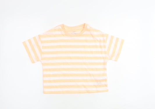 Marks and Spencer Girls Orange Striped Cotton Basic T-Shirt Size 7-8 Years Round Neck Pullover