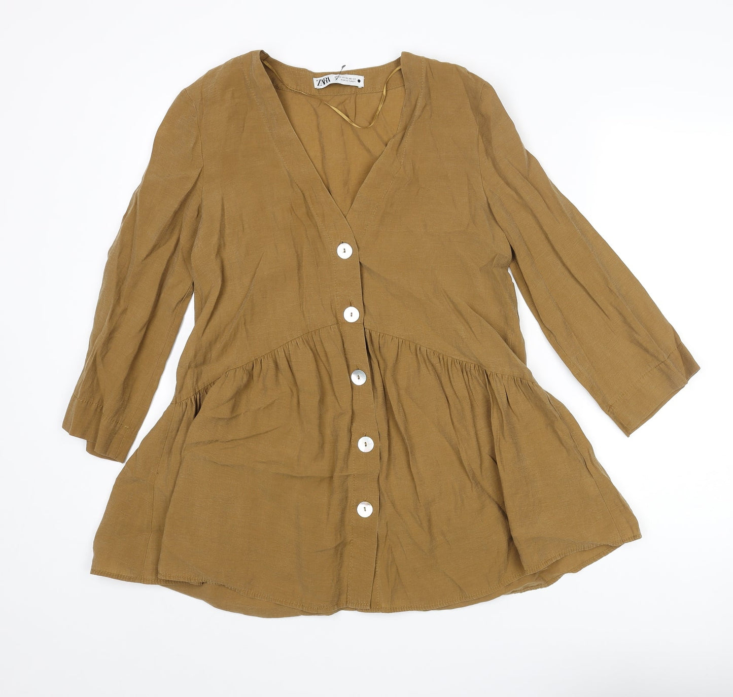 Zara Womens Brown Lyocell Tunic Blouse Size XS V-Neck - Frill