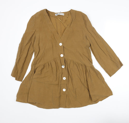 Zara Womens Brown Lyocell Tunic Blouse Size XS V-Neck - Frill