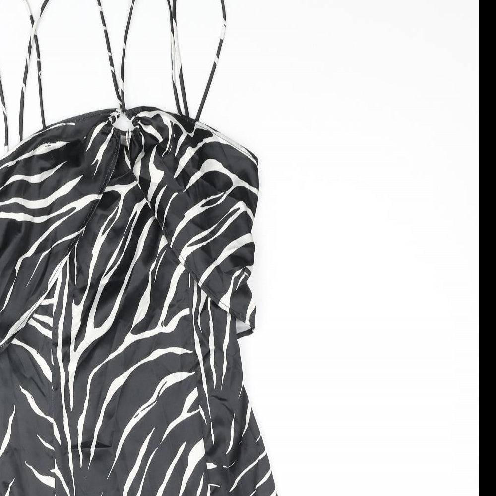 Zara Womens Black Animal Print Polyester Slip Dress Size M Sweetheart Zip - Keyhole Front Zebra Print