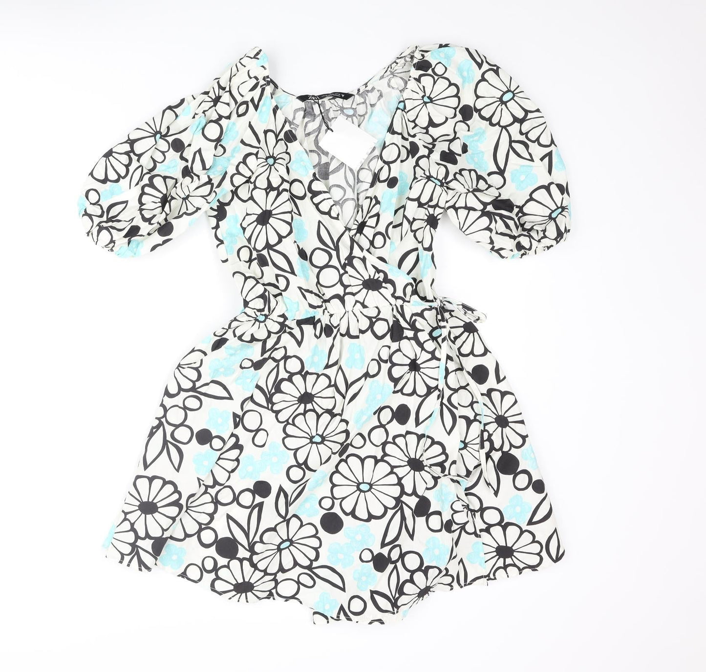 Zara Womens Ivory Floral Cotton Wrap Dress Size XS V-Neck Tie - Rouched