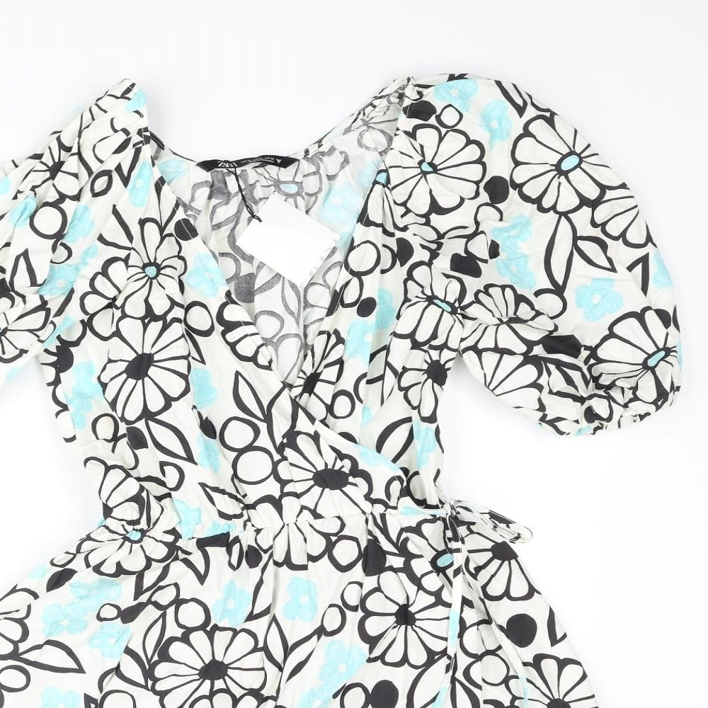 Zara Womens Ivory Floral Cotton Wrap Dress Size XS V-Neck Tie - Rouched