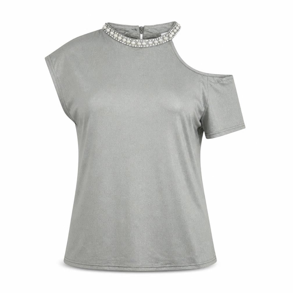 River Island Womens Silver Polyester Basic Blouse Size 10 Mock Neck - Peal Rhinestone Cold Shoulder