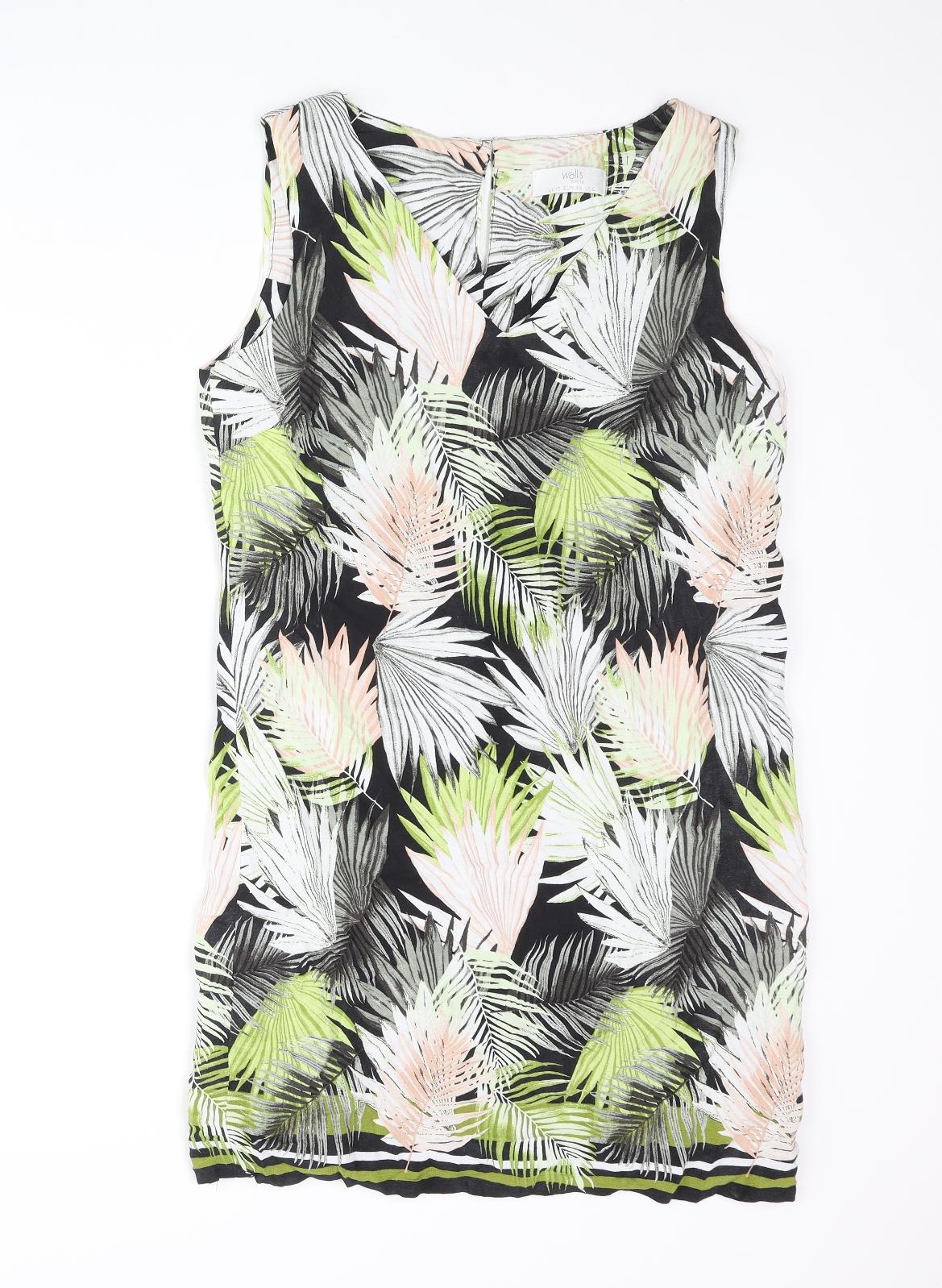 Wallis Womens Multicoloured Geometric Viscose Shift Size 10 Round Neck Button - Leaf Print