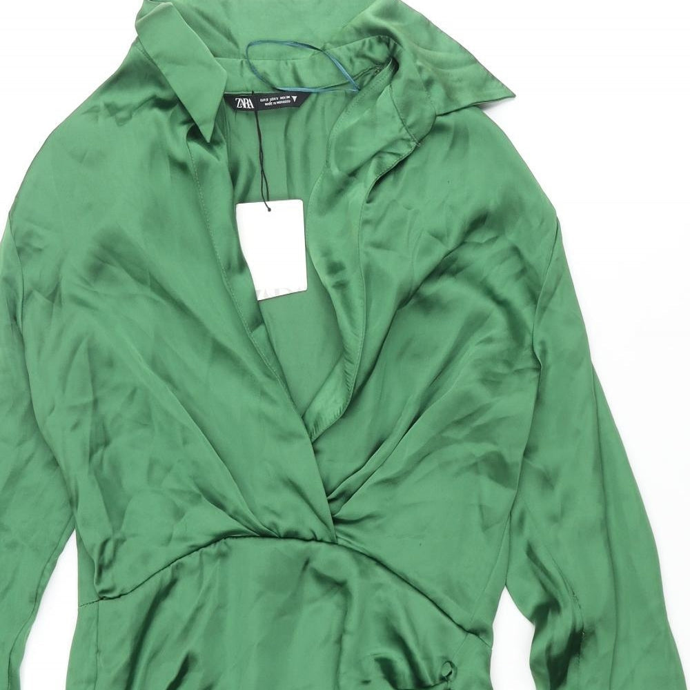 Zara Womens Green Polyester Shirt Dress Size S Collared Zip - Button