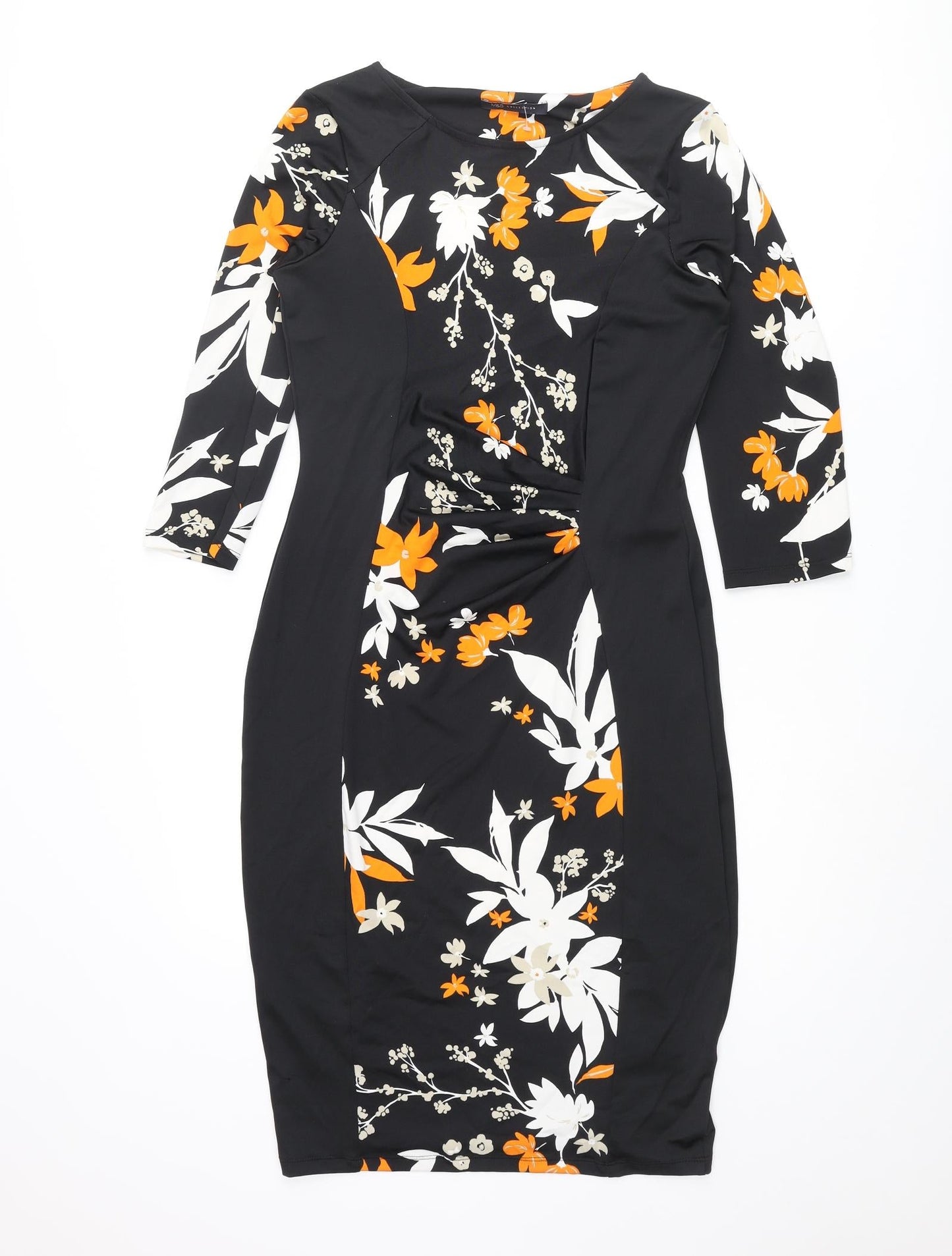 Marks and Womens Black Polyester Bodycon Size 10 Boat Neck Pullover - Floral Print