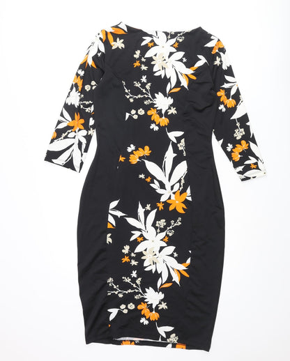 Marks & Spencer Womens Black Polyester Bodycon Size 10 Boat Neck Pullover - Floral Print