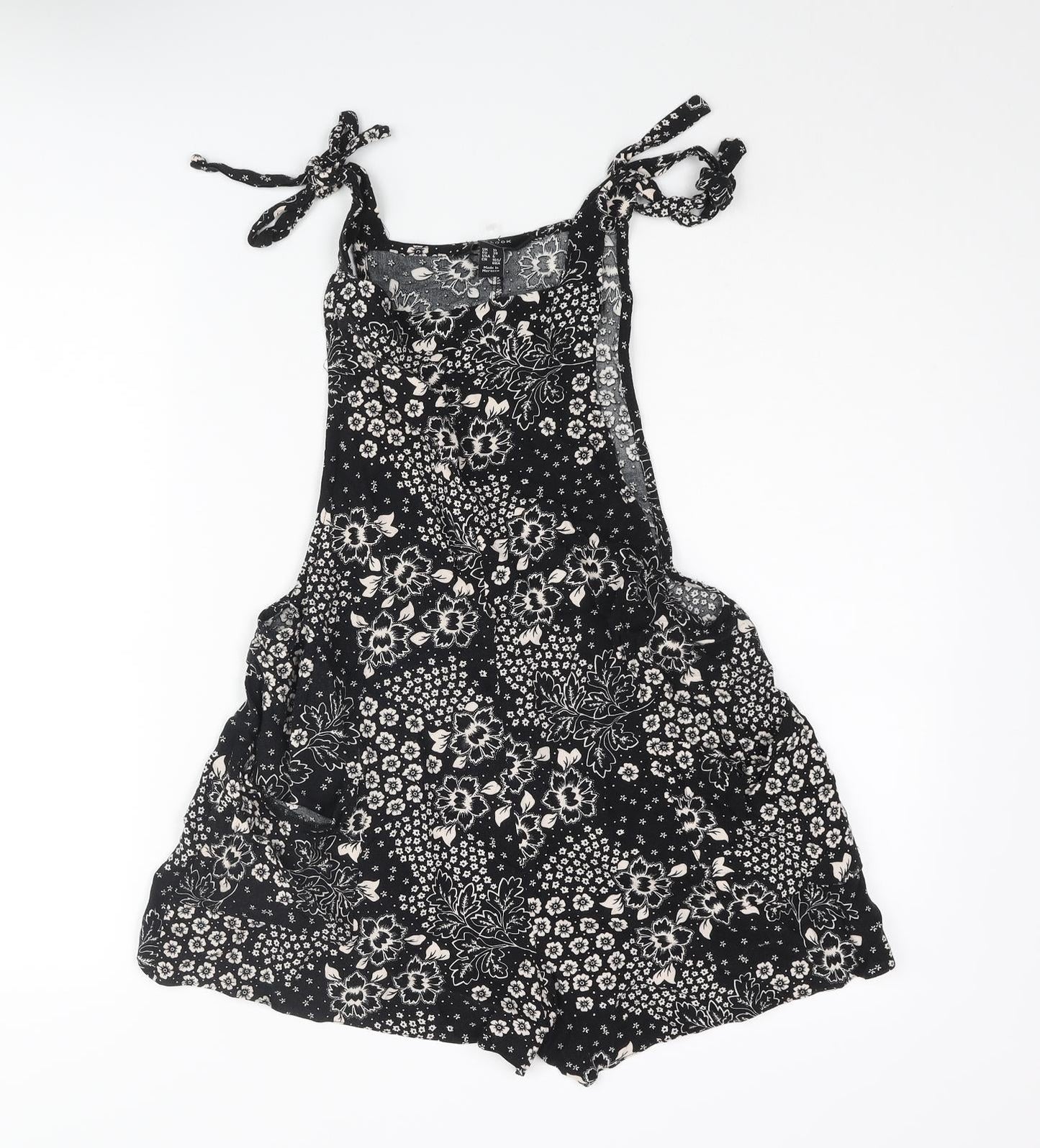 New Look Womens Black Floral Vinyl Romper One-Piece Size 10 Tie - Bow