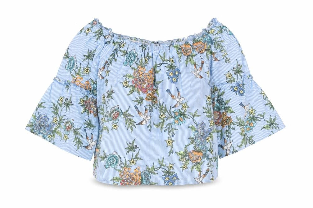 Influence Womens Blue Striped Polyester Basic Blouse Size 12 Off the Shoulder - Floral Frill