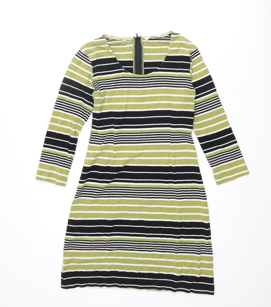 Adini Womens Green Striped Cotton Mini Size S Scoop Neck Zip