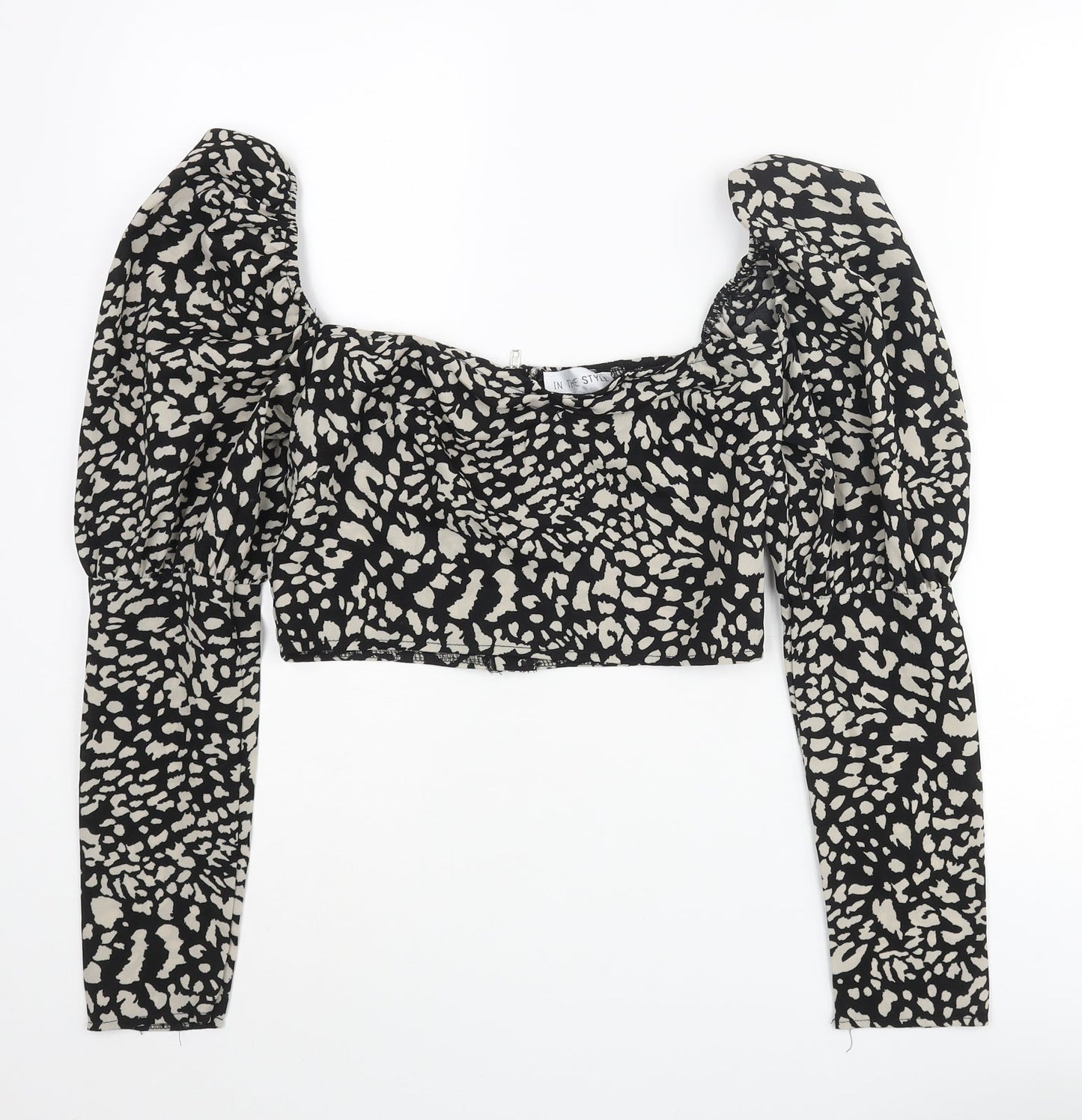 In the Style Womens Black Animal Print Polyester Cropped Blouse Size 8 Sweetheart - Cheetah Print