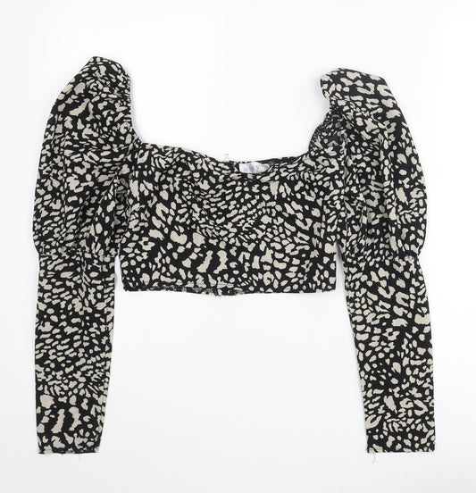 In the Style Womens Black Animal Print Polyester Cropped Blouse Size 8 Sweetheart - Cheetah Print
